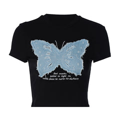 Vintage Butterfly Patchwork Short Sleeve Tee - fairypeony