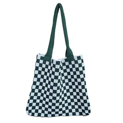 Aesthetic Checkered Print Knitted Tote Bag