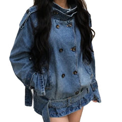 Vintage Double-Breasted Belted Utility Denim Jacket Coat