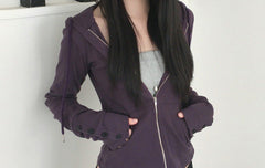 Butterfly sleeve hooded knit sweater in Purple, front view