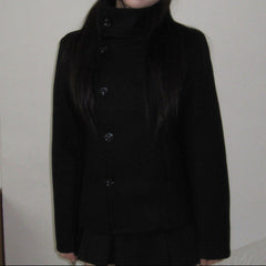 Black Woolen Coat – Slim Fit Faux Fur Collar Asymmetric Feifei Sleeve Coat - fairypeony