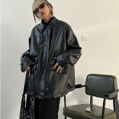 Oversized Black Faux Leather Jacket - fairypeony