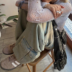 Distressed Raw Edge Asymmetric Design Cargo Jeans - fairypeony