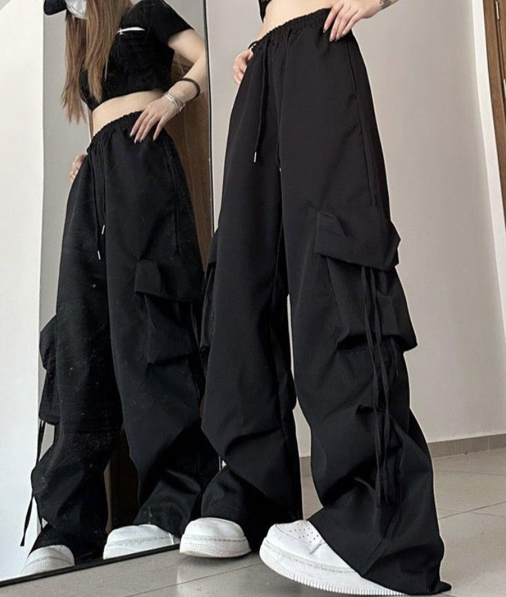Baggy Drawstring Parachute Cargo Pants - fairypeony