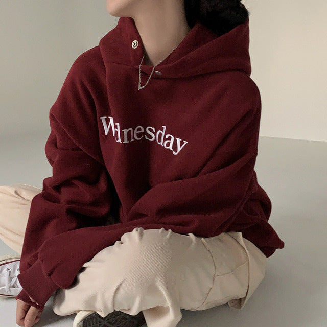 Vintage Embroidery Letter Solid Color Hoodie - fairypeony