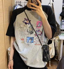 Cartoon Print Raglan Short Sleeve Tee
