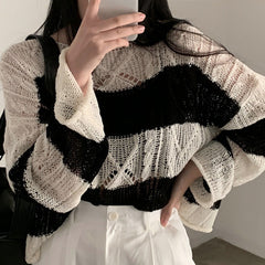 Vintage Cable Knit Striped Loose Knitted Tee