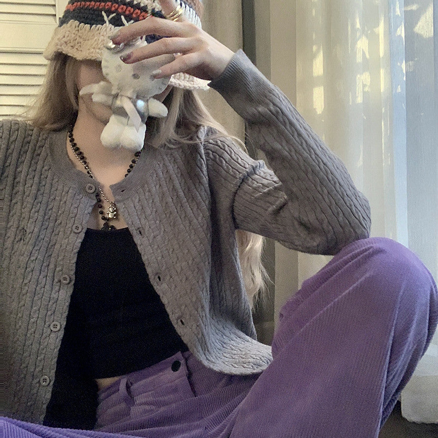 Vintage Cable Knit Slim Cardigan - fairypeony