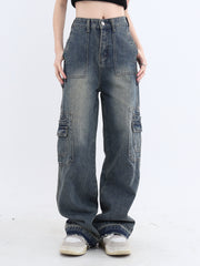 Vintage Wash High Waist Cargo Jeans