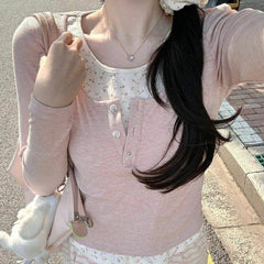 Floral patchwork faux two-piece long-sleeved T-shirt - fairypeony