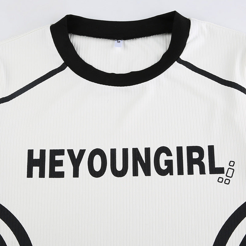 Letter Print Patchwork Long Sleeve Tee - fairypeony