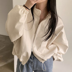 Solid Big Pocket Drawstring Collar Neck Leather Jacket - fairypeony