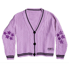 Oversize Star Embroidered Cable Knit Cardigan - fairypeony