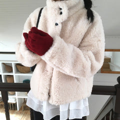 Short Wool-Blend Coat – Korean Sherpa Textured Button Coat in 3 Colours