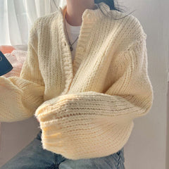 Round Neck Lantern Sleeve Knitted Cardigan
