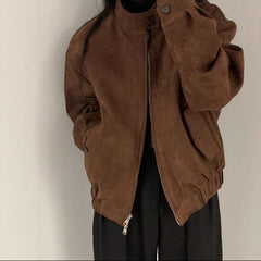 American Retro Suede Jacket – Lined Deerskin Bomber Coat in Brown S–XL