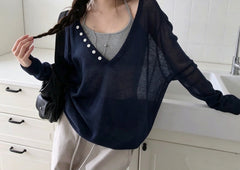 V-neck button knit top in Dark blue