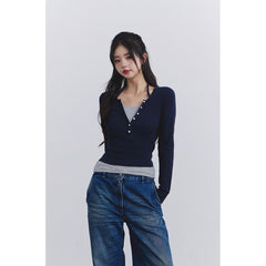 Fake Two Piece Halter Long Sleeve Tee - fairypeony