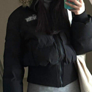 Thickened fur collar short puffer jacket in black, zipped