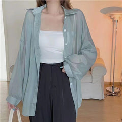 Solid Color Thin Oversized Long Sleeve Blouse - fairypeony