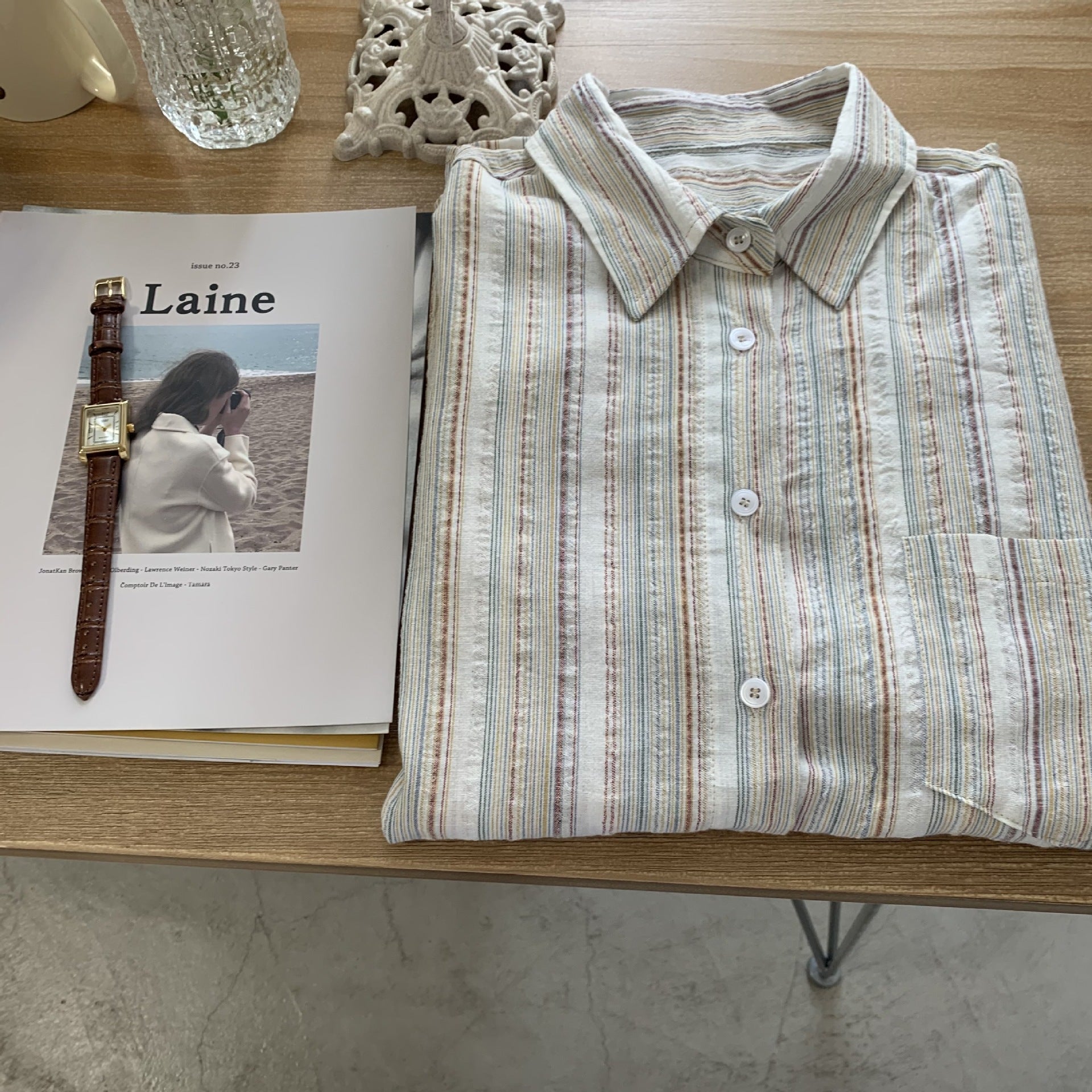 Colorful Stripe Print Button Up Long Sleeve Shirt - fairypeony