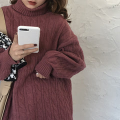 Solid High Neck Cable Knit Sweater - fairypeony