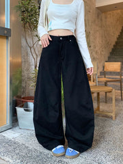 Black Wide-Leg Jeans High Waist Banana Curved Cut Loose Denim Trousers