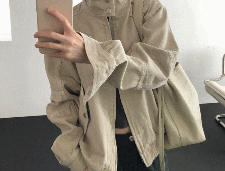 Stand collar zipper cotton jacket in beige, mirror view
