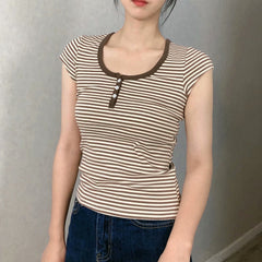 Vintage Striped Three button Slim T-shirt - fairypeony