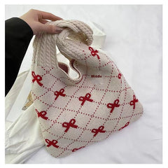 Bow Print Coquette Knitted Tote Bag