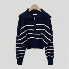 Vintage Striped Half Zip Up Cropped Sweater