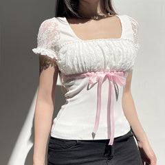 Ribbon Bowknot Lace Patchwork Tee