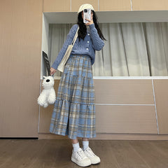 High-Waist A-Line Brushed Plaid Mid-Length Cake Skirt