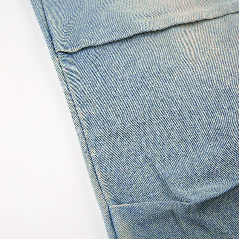 Washed Shirring Flap Pocket Cargo Jeans - fairypeony