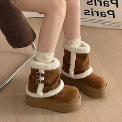 Women's Plush Lined Winter Snow Boots Cuffable Shaft Chunky Platform Warm Ankle Boots