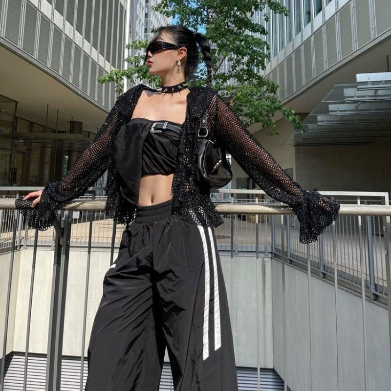 Side Striped Black Wide Leg Sweatpants - fairypeony