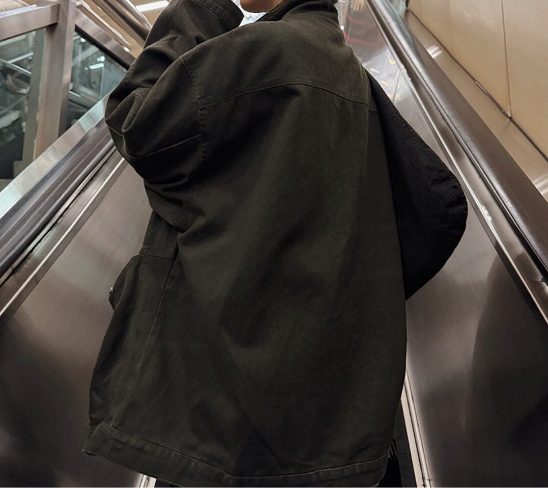 Retro distressed multi-pocket workwear trench coat, back view