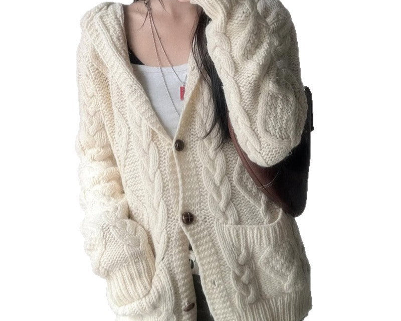 Twist-knit hooded cardigan in White, buttoned