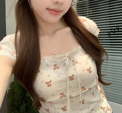 Lace Trim Square Collar Bow Short Sleeve Tee