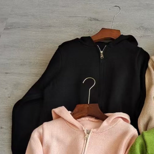Solid Color Zip Up Hooded Knitted Cardigan - fairypeony