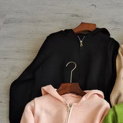 Solid Color Zip Up Hooded Knitted Cardigan - fairypeony