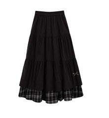 Woolen Corduroy Patchwork Plaid High-Waist A-Line Long Skirt Dress