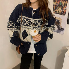 Vintage Argyle Print Oversized Cardigan