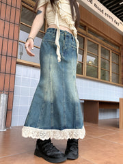 Vintage Lace Trim Maxi Denim Skirt