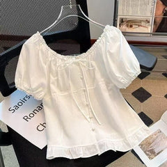 Aesthetic Lace Trim Tie-Up Puff Sleeve Blouse