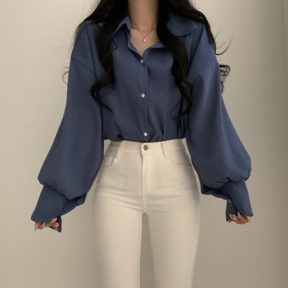 Solid Color Long sleeve Blouse - fairypeony