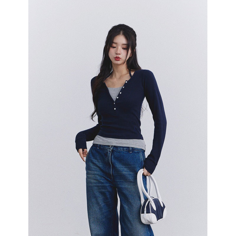 Fake Two Piece Halter Long Sleeve Tee - fairypeony