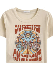 Indie Print Short Sleeve Crop Top - fairypeony