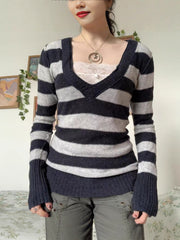 Retro Striped V-Neck Slim Sweater
