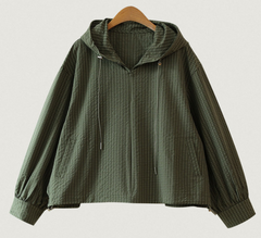 Vintage Plaid Hooded Zip Crop Top – Oversized Long-Sleeve Blouse in 3 Colours